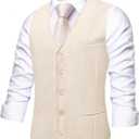 Hi-Tie Solid Suit Vest for Men Slim Fit V Neck Dress Waistcoat for Wedding 3 Real Pockets Formal Men Vest Jacquard, Beige, Medium