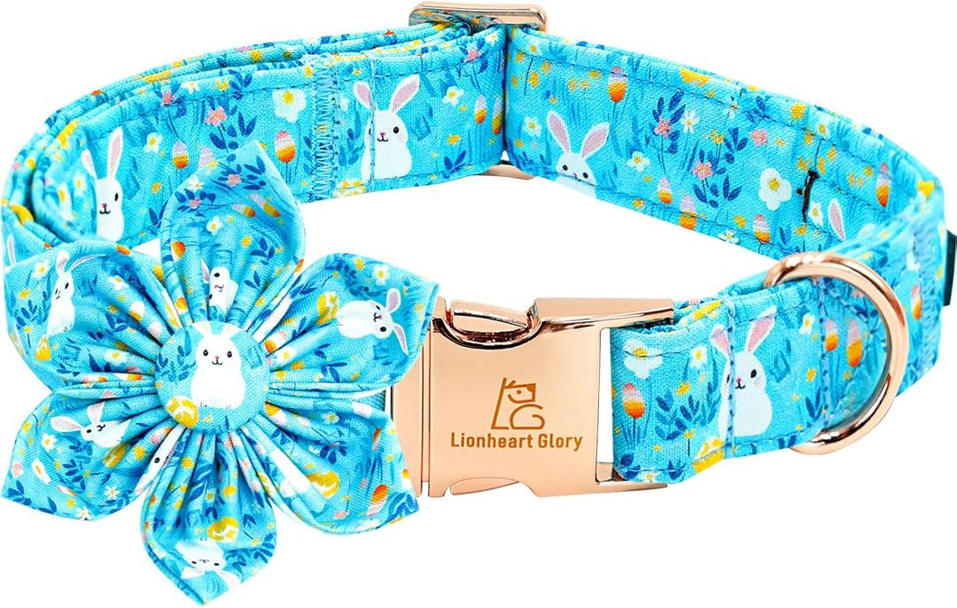 Lionheart glory Easter Day Dog Collar with Flower Dog Collar for Large Dogs, Easter Rabbits Colorful Dog Flower Collars Spring Bunnies Blue Collars Pet Collar Flowers (X-Large (Pack of 1)