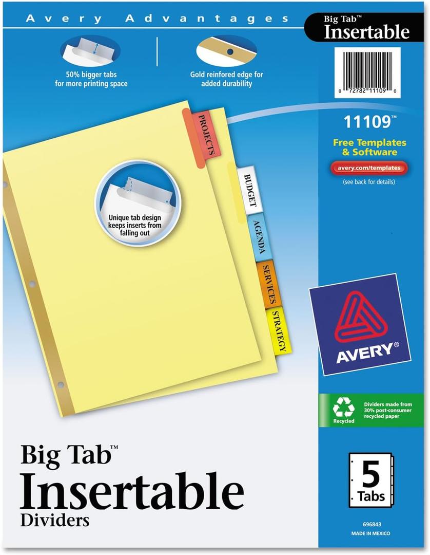 Avery(R) Worksaver(R) Insertable Big Tab Recycled Dividers, Gold Reinforced, 5-Tab, Buff Paper, Multicolor