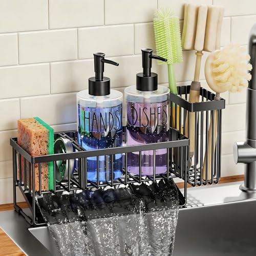 MASADI Kitchen Dish Soap Dispenser Set with Sponge Holder, 12OZ Glass Bottle, Hand and Dish Soap Dispenser Set, Non-Slip Silicone Pad, Brush Holder, Kitchen Sink Organizer Countertop (Black+Clear)
