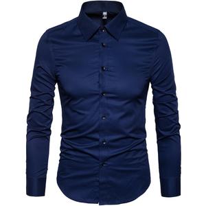 Manwan walk Men's Slim Fit Business Casual Cotton Long Sleeves Solid Button Down Dress Shirts (Large, Navy Blue)