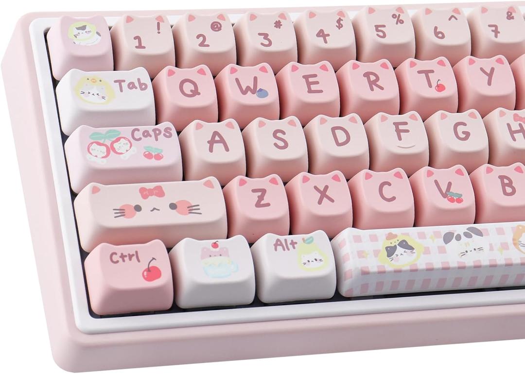 PBT Keycaps 140 Keys Pink Meow Meow Cat Keycaps Dye-Sublimation Cute Keycap Mao Profile Custom Keycap for Cherry Gateron MX Swithes Mechanical Gaming Keyboards
