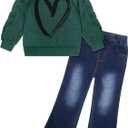 VOGRYE Toddler Girl Outfit Set - Ruffle Heart Sweatshirt Wide Leg Jeans Soft Cotton 2-Piece for 12M-5T Size 3-4y
