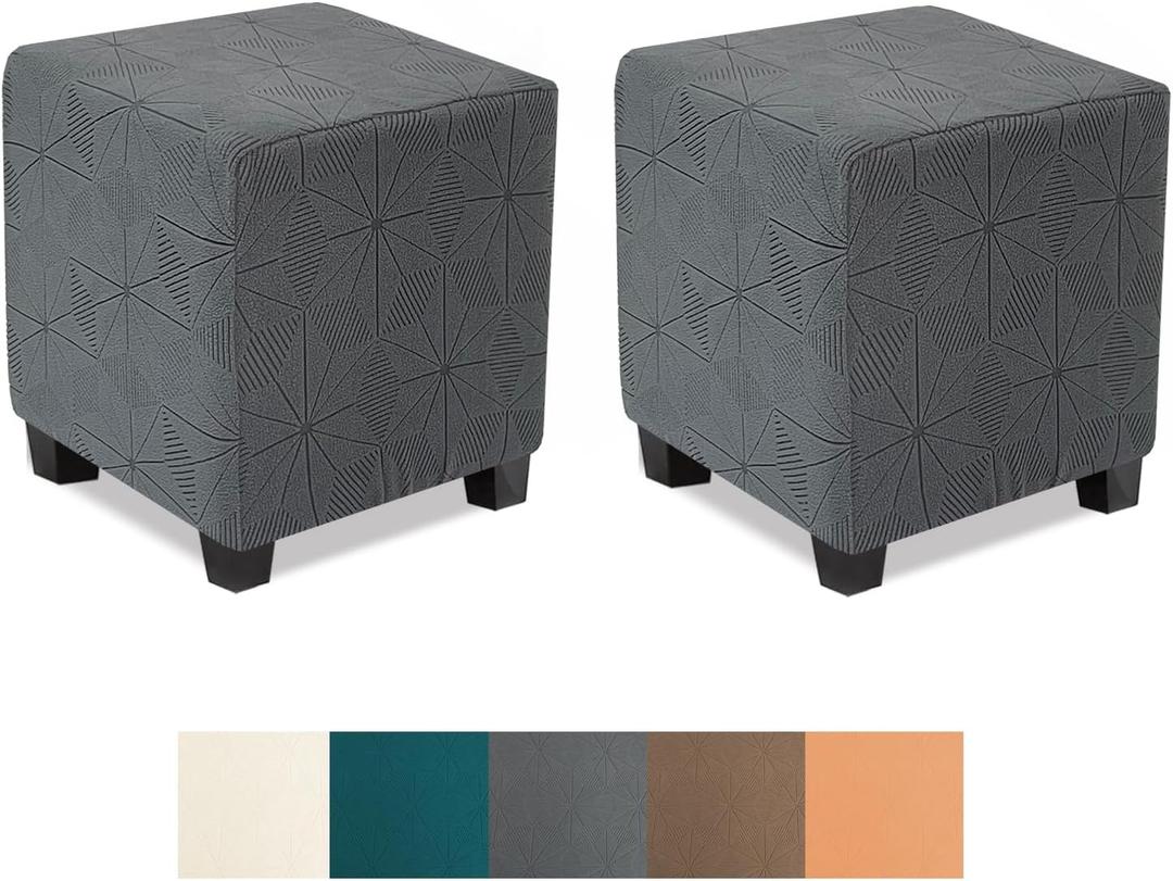 NeColorLife Small Ottoman Covers for Square Stools, Stretch Jacquard Soft Knitted Slipcovers for Storage Ottomans or Footrests, Grey, Set of 2