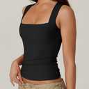 QINSEN Women's Double Layer Tank Tops Square Neck Sleeveless Basic Tight T Shirts (Black, XS)