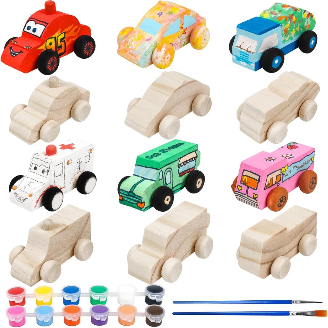12 Pieces Wood DIY Car Toys Unfinished Wooden Cars Paintable Wood Car Blocks Crafts for Students Home Activities Easy Woodworking and Family Time Set for 3 4 5 Years Old Boys Girls