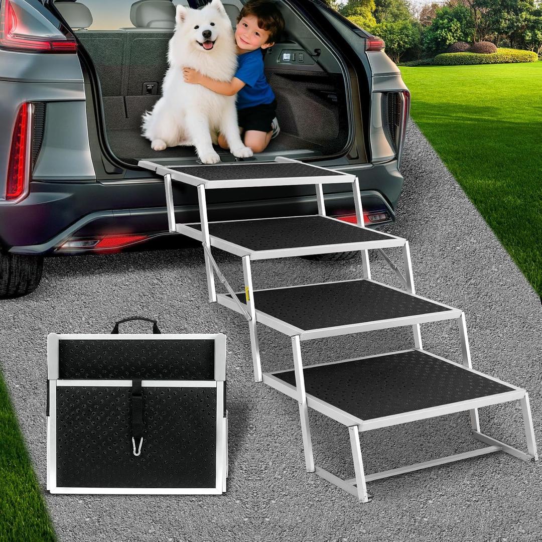 Joyrally Extra Wide Dog Stair for Large Dogs,Foldable Dog Ramp for Car, Pet Steps Light Weight Aluminum,High Beds,for SUV Trucks, Supports up to 200 lbs (with Iron Bars)