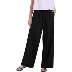 Faiable Women's Wide Leg Cotton Linen Pants Elastic High Waist Flowy Casual Trousers with Pockets for Summer Vacation Travel