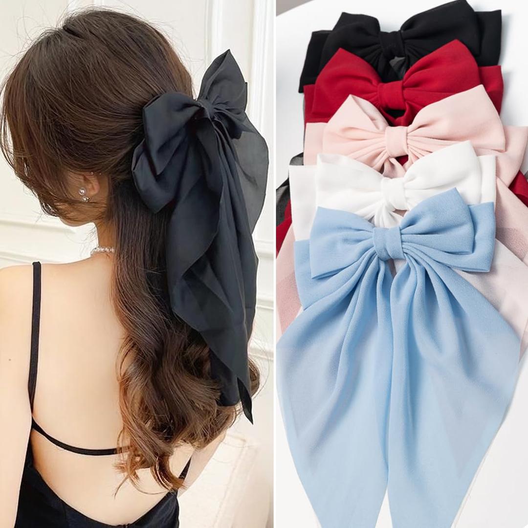 Hair Bows for Women & Girls: Big Bow Clips with Ribbons - Bow-Knot Clips for Thick & Thin Hair, Nonslip Claw Clips, 5 PCS (Black, blue, white, pink, red)