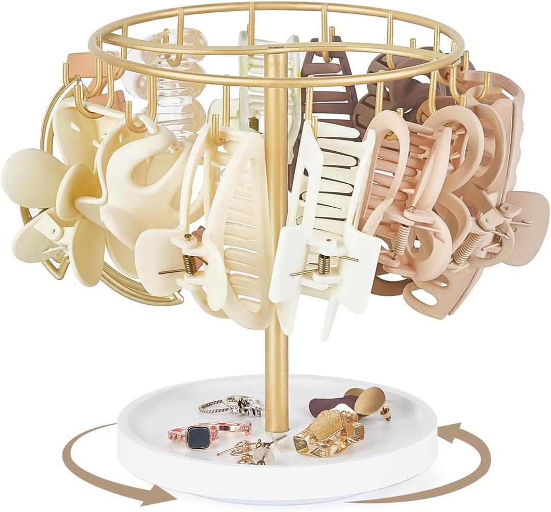 Dahey 360 Degree Rotating Claw Clip Organizer, Metal Hair Clip Holder with Wood Base and 14 Hooks Storage Display Hair Accessories Bracelets Keychains Jewelry for Girls Women Bedroom Dorm Vanity Decor