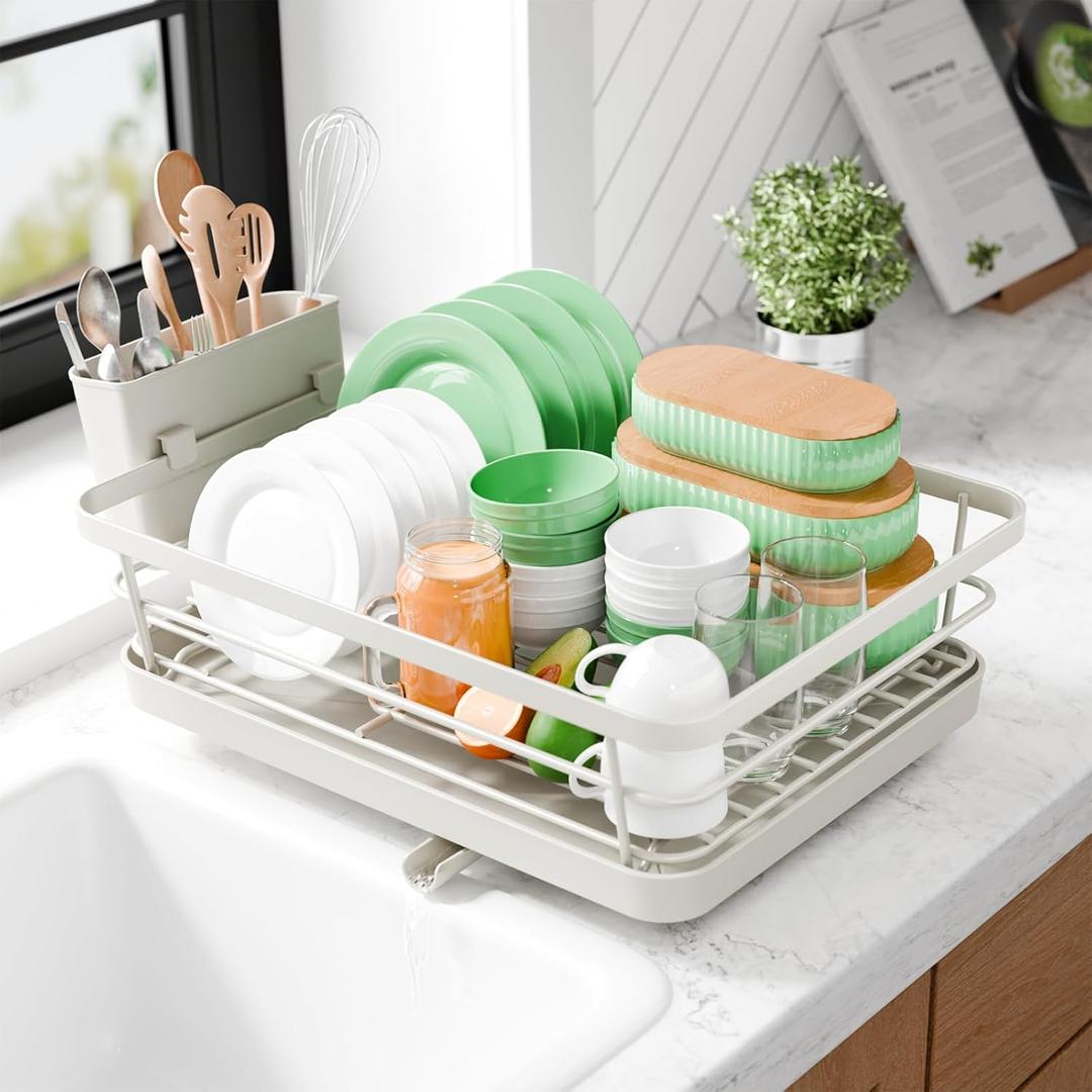 Kitsure Dish Drying Rack - Compact Dish Rack with Utensil Holder & Adjustable Water Outlet, Rust-Proof & Scratch-Resistant Drying Rack for Kitchen, 14.5" x 12.0" x 4.0", Light Grey