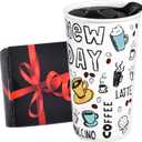 Ceramic Travel Coffee Mug, 12 oz, Portable, Travel Mug with Lid, Double Wall Tall Cup, To Go Tumbler for Car Cup Holder, Splash Resistant Lid, Dishwasher Safe, Gifts for Women Men Her Him (New Day)