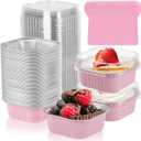 60 Pack 10oz Mini Cake Pans with Lids, 4.4x4.4 Inch Aluminum Foil Square Baking Cups with Spoons, Disposable Large Baking Cake Cup Containers with Lids for Party, Wedding, Birthdays, Pink