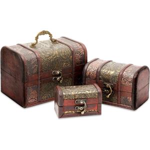 Juvale Wooden Treasure Chest Set - 3 Nesting Boxes, Brown Floral - Decorative Storage & Jewelry Box with Hinged Lid, Vintage Antique Decor
