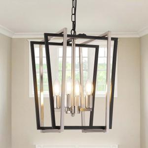WJShome 4-Light Modern Chandelier, Farmhouse Dining Room Light Fixture Hanging Pendant Lights Kitchen Island, Black and Silver Lantern Pendant Light, Adjustable Height Entryway Chandeliers