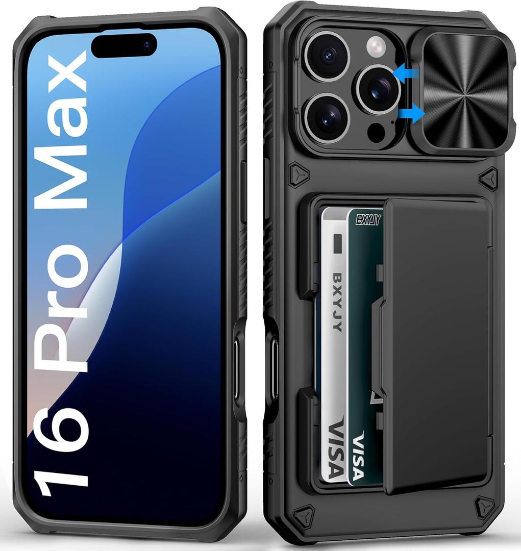for iPhone 16 Pro Max Case Wallet, Built-in Card Holder (4-5 Cards), Slide Lens Cover, Military Drop Protection, Rugged Heavy Duty Men Women Protective Phone Case for iPhone 16 Pro Max, Black