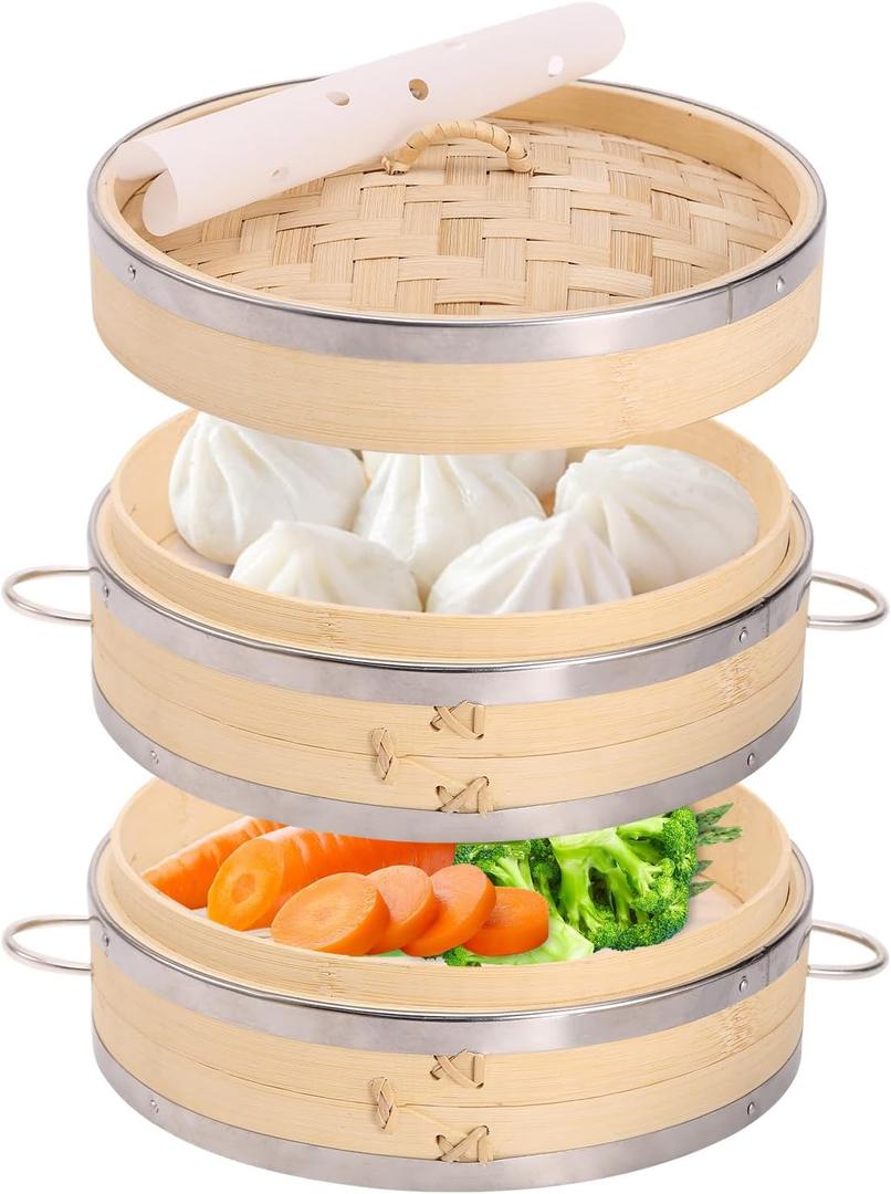 Bamboo steamer basket set 8-inch, 2-tier dumpling steamer with side handles and 50pcs paper liners for buns, dim sum, dumplings, vegetables, and seafood.