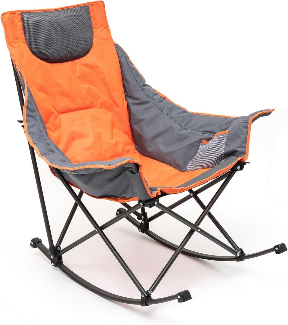 SUNNYFEEL Oversized Rocking Camping Chair, Fully Padded Patio Chair with Side Pocket, High Back Portable Lawn Recliner with Headrest, Outdoor Camp Rocker Chairs for Adults Heavy Duty 500 LBS (1 PC, Orange)