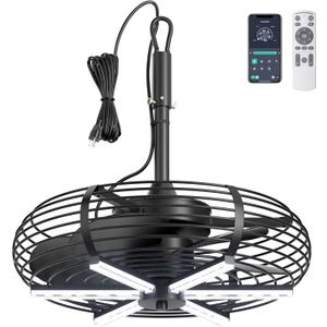 Coolbull Outdoor Ceiling Fans with Light for Patios, 20'' Gazebo Fan, Plug in Ceiling Fan, Waterproof, Remote&APP Control, Hanging with Hook, Black