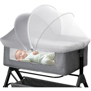 Bassinet Mosquito Net Cover - Half-Blackout Mosquito Net for Baby Crib & Bedside Sleeper, Breathable Crib net with 2-Way Zipper, Sun-Blocking Baby Mosquito Net Cover (Gray-Small)