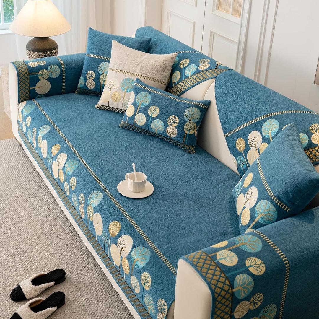 Boho Couch Cover, Non Slip Washable Sofa Covers, Chenille Couch Covers Quilted, Bohemian Sofa Slipcovers, Furniture Protector for L Shaped(Blue,36"x70"/3-Seater)