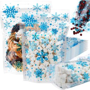 Epakh 100Pcs Christmas Zipper Bags Treat Bag Red Santa Snowflake Clear Christmas Sealing Goodie Bags with Handles Resealable for Winter Holiday Party Candy Cookie Gift Wrapping Supplies(Snowflake)