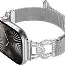 Metal Band Compatible with Apple Watch Bands for Women 49/46/45/44/42mm Stainless Steel Mesh Magnetic Classy C-shaped Diamond Strap for iWatch SE Series 3 Ultra (49/46/45/44/42mm(Series 3), Silver)
