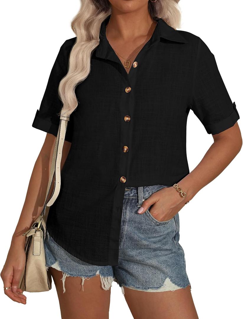 Women Linen Button Down Shirt Cotton Short Sleeve Blouses V Neck Collared Button Up 2025 Summer Beach Tops (Small, Black)