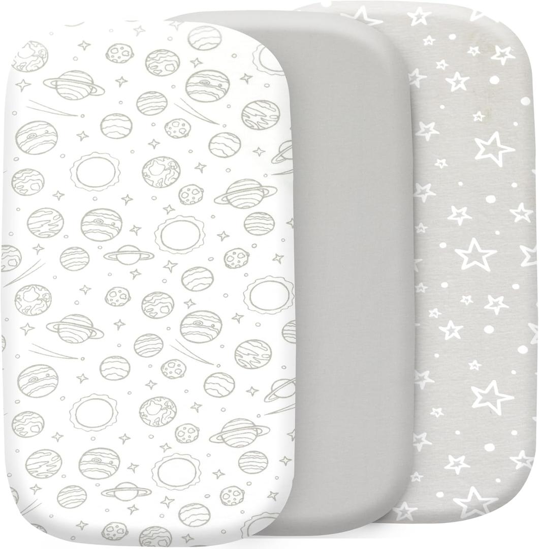 Bassinet Sheets Boy and Girl 3-Pack Soft Fitted Bassinet Sheets, Organic Cotton, Breathable & Cozy, Fits 32x16x4 Inch Rectangle, Oval & Hourglass Mattresses (Grey) (Galaxy)
