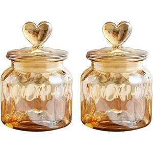 wangsdjy 22oz Airtight Glass Jars with Cute Heart Shaped Lids, Wedding Candy Jar Kitchen Storage Jar for Candy Cookie Nuts Coffee Tea (Amber 2PCS)