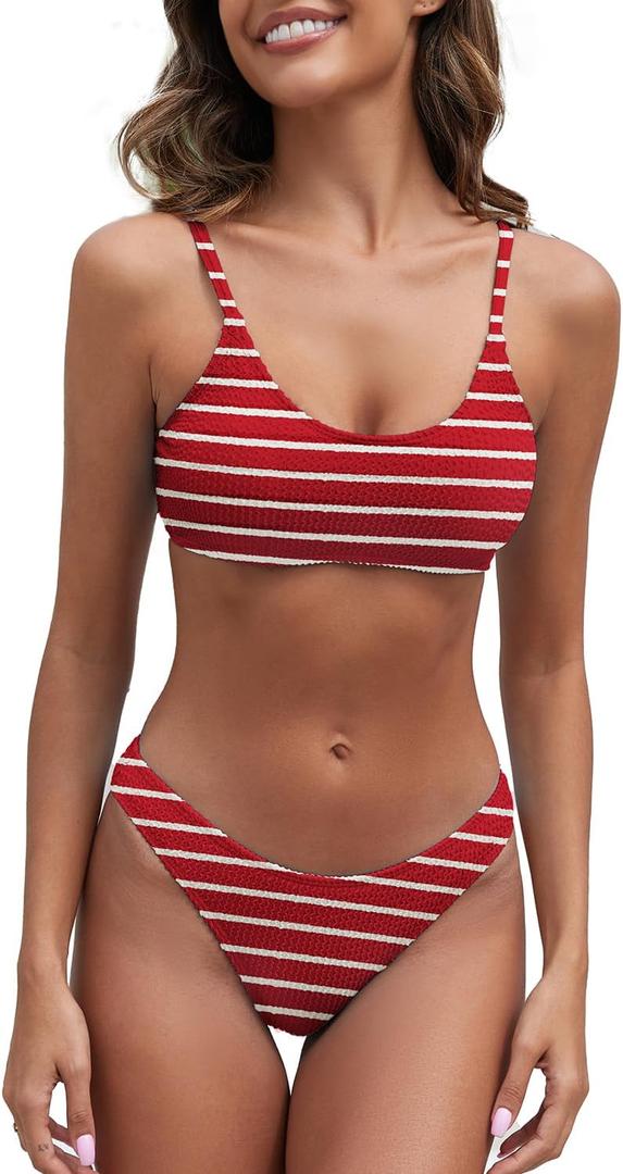 Fanuerg Women's Ribbed Bikini Sets Scoop Neck Cheeky Swimsuit Textured Two Piece Bathing Suit (Red White Stripes, Large)