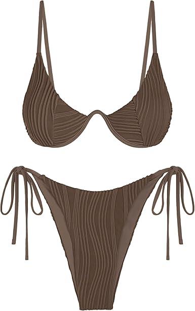 ZAFUL Women's Bikini Sets Ribbed Two Piece Swimsuits Underwire Adjustable Back Clasp Bathing Suit Side Tie Thong Swimwear, (Deep Coffee, Medium)