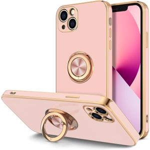 Hython for iPhone 13 Case with Ring Stand [360Rotatable Ring Holder Magnetic Kickstand] [Plated Rose Gold Edge] Slim Soft TPU Cover Luxury Protective Phone Case for Women Girls, Pink