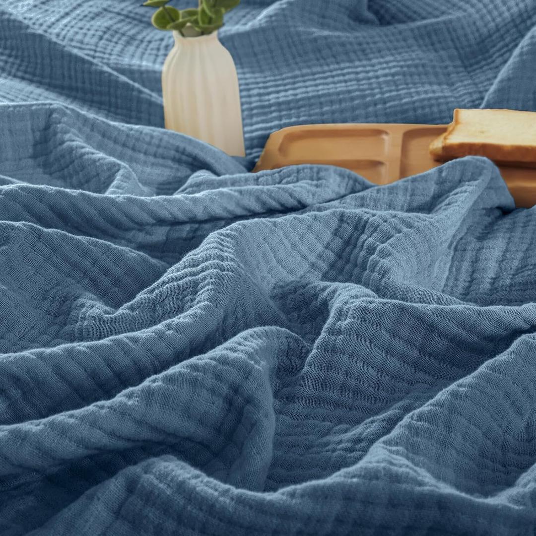 PHF 100% Cotton Muslin Blanket King Size 108"x90", 4-Layer Lightweight Gauze Throw, Breathable Cloud-Soft Minimalist Blanket for Bed, Couch, Camping & Baby, Denim Blue, Ideal Gift