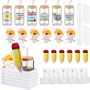 Mumufy 6 Set Teacher Appreciation Gift Boxes-16oz Glass Cups with Lids Straws Brushes and Sunflower Faux Bouquets & Carry Boxes & Pencil Tags for Teacher Appreciation Gifts Bulk Graduation Gift
