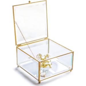 Vintage Golden Glass Keepsake Box with Beveled Edges  Elegant Jewelry Holder, Desktop Organizer, and Wedding Gift with Lid, 6x6x3.5 Inches
