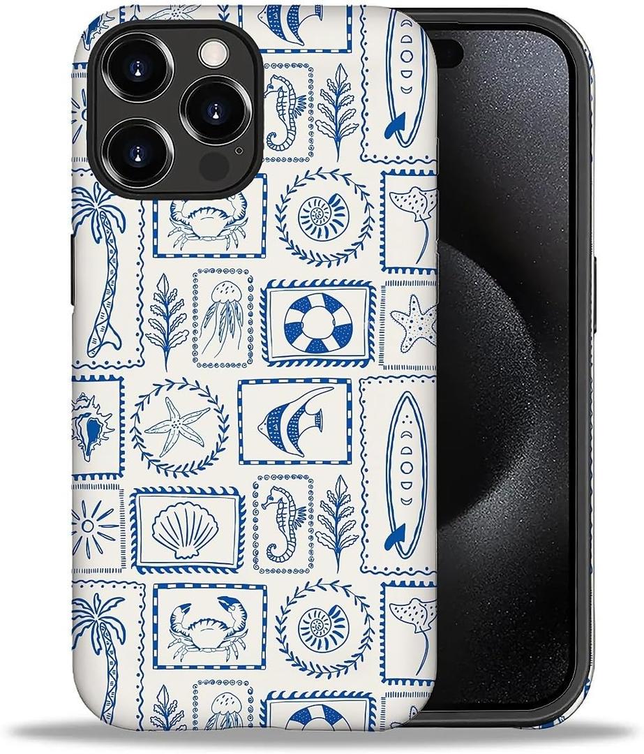 Case for iPhone 16 Pro Max, PC Hard Shell & Silicone Inner Bumper, Anti-Scratch Full-Body Cover Shockproof Slim Design -Stamps Blue Seashells Summer