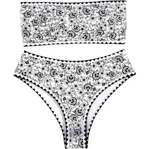 WDIRARA Women's Floral Print Strapless Lace Up Bikini Swimsuit 2 Piece Bathing Suit Brown Small