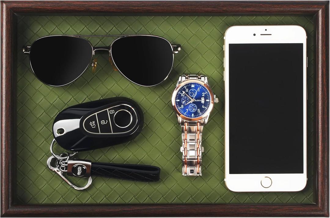 Zosenley Wooden Valet Tray with Leather Base - Nightstand Catchall Organizer for Cologne, Perfume, Keys, Wallet, Phone, Watch, Jewelry & Sunglasses (Green)