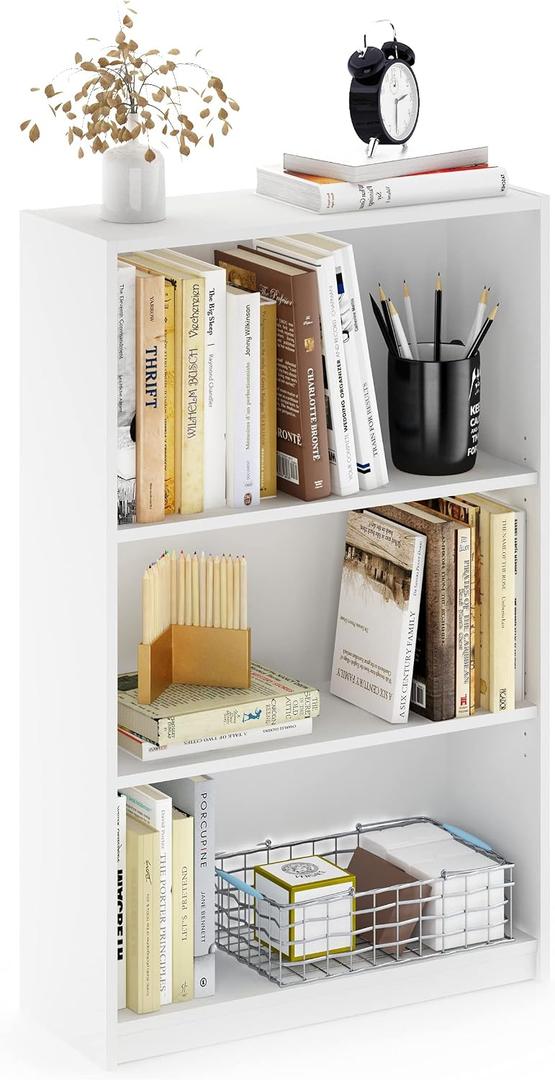 Furinno Jaya Book Shelf, 3-Tier Bookshelf, Bookcase with Adjustable Shelves, 9.5 x 24.5 x 40.3, for Organization and Storage, for Living Room, Bedroom, Home Office, White