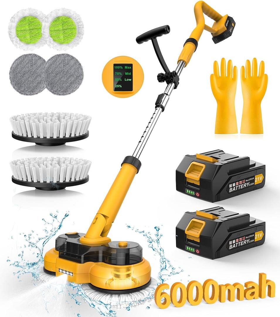 qimedo 6000mAh Battery Electric Mop M1, 800RPM Cordless Electric Power Scrubber & Mops for Floor Cleaning, Best Automatic Spin Mops with Smart Display,Rotating Mop with LED Light & Water Spray (Mop with 50-inch Handle)
