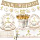 God Bless Baptism Decorations Tableware,142pcs First Communion Plates and Napkins,Tablecloth,Cups,Banner,Baptism Party Decorations for Girls Baby Shower