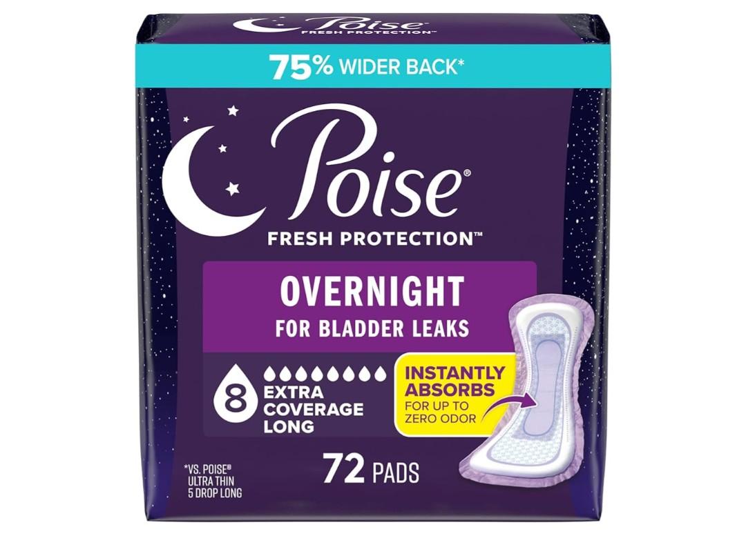Poise Overnight Incontinence & Postpartum Pads for Bladder Leaks, 8 Drop Extra Coverage, 72 Count (2 Packs of 36)