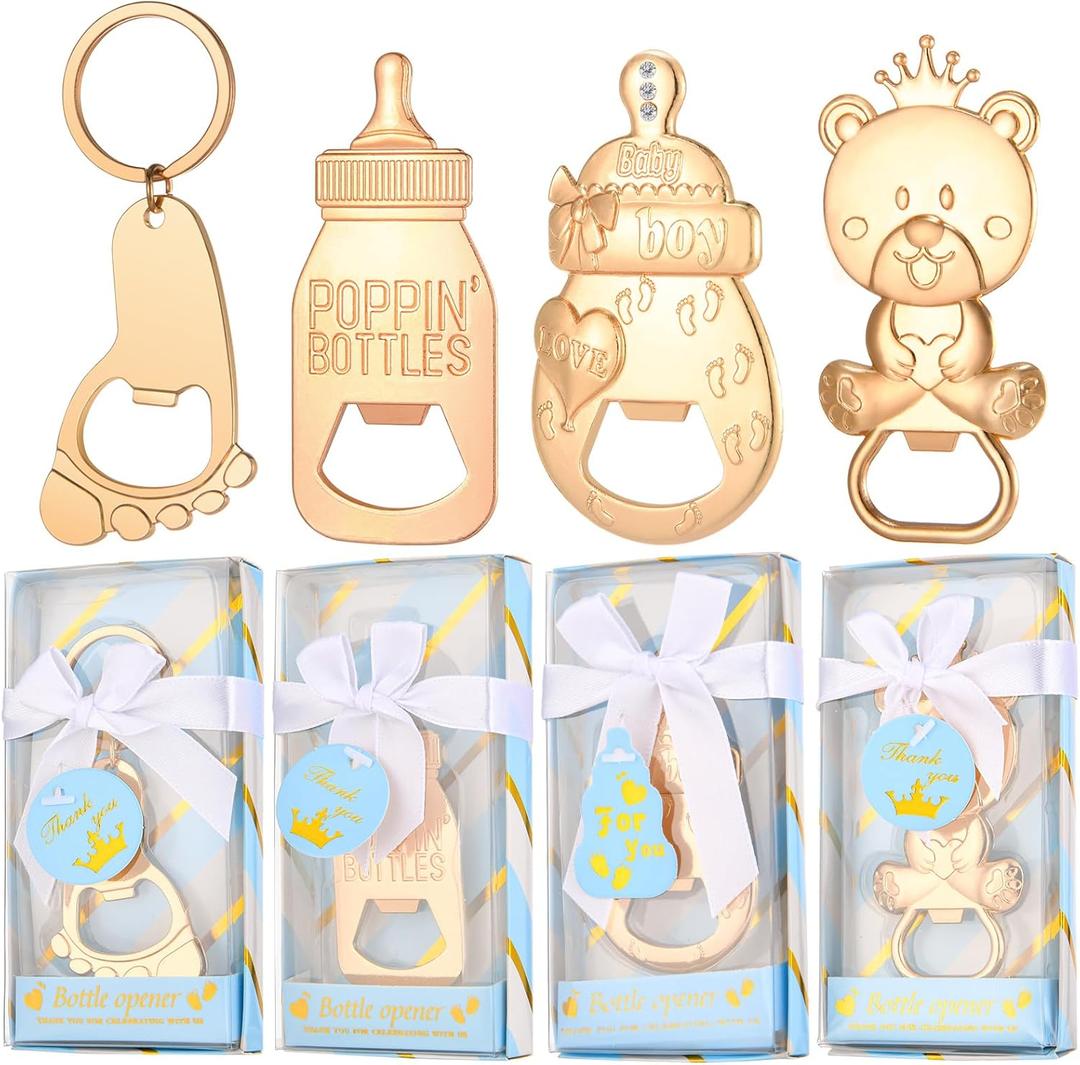 24 Pcs Baby Bottle Opener, Popping Boy Bear Footprint Keychain Bottle Openers with Blue Gift Box, Baby Shower Party Favors for Guests, Wedding Return Gift Souvenirs Theme Decoration Supplies