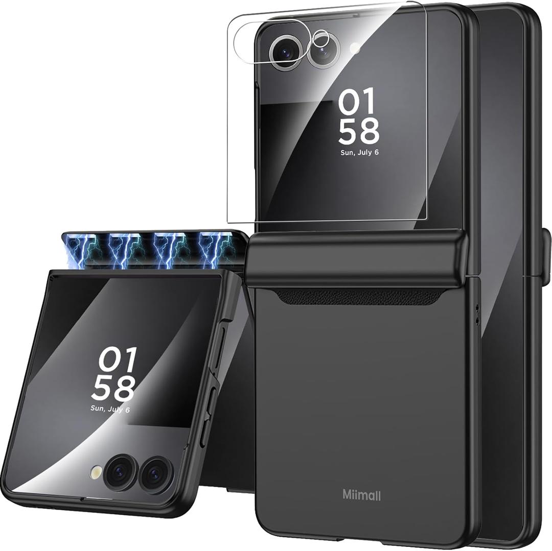 Miimall for Samsung Galaxy Z Flip 7 Case with Screen Protector & Hinge Protection, Spine Shockproof Hard Slim Rugged Heavy Duty Full Body Phone Protective Case for Galaxy Z Flip 7 2025 Cover Black