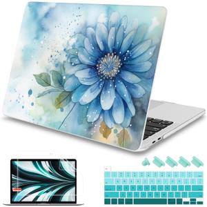 Mektron Designed Case for MacBook Pro 16 Inch A2141 Cover 2019 Release 16" with Liquid Retina Display/Touch ID, Plastic Hard Shell with Keyboard Skin & Screen Protector, Watercolor Blue Flower