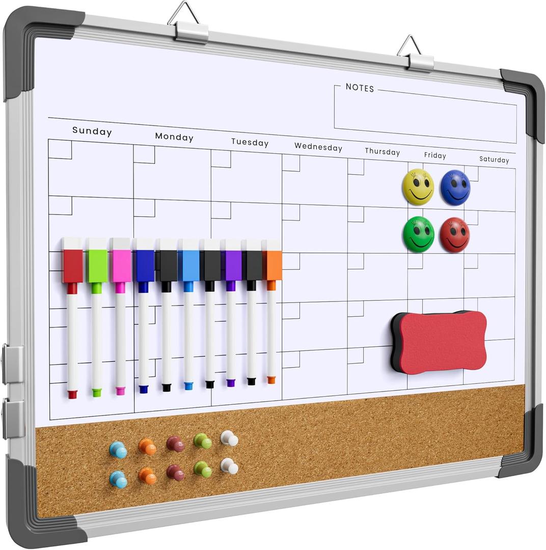 Dry Erase Calendar White Board for Wall, Polegas 17" X 13" Magnetic Whiteboard Dry Erase Cork Board Combination, Small Wall Monthly Double Sided Boards Student, Home, Office (White)
