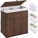 Greenstell Laundry Hamper with lid, No Install Needed, 110L Wicker Laundry Baskets Foldable 2 Removable Liner Bags, 2 Section Clothes Hamper Handwoven Rattan Laundry Basket with Handles, Brown