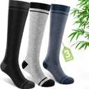 SONORAN Bamboo Viscose Compression Socks for Women & Men (3 Pairs) 15-20 mmHg Knee High Support for Nurses, Travel, Pregnant L/ XL (Black&Gray&Blue）