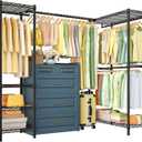 E10L L-Shaped Clothes Rack for CornerWith Expandable Hanger RodHeavy Duty Freestanding Clothing Racks for Hanging ClothesPortable Garment Rack 58-82"W x 30"D x 72"HMax Load 900LBSBlack